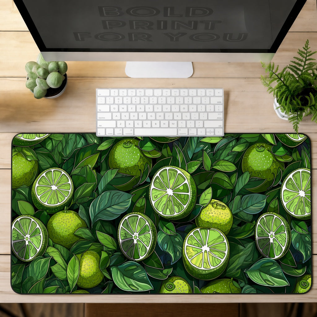 Green Lime and Tropical Leaf Illustration Desk Mat