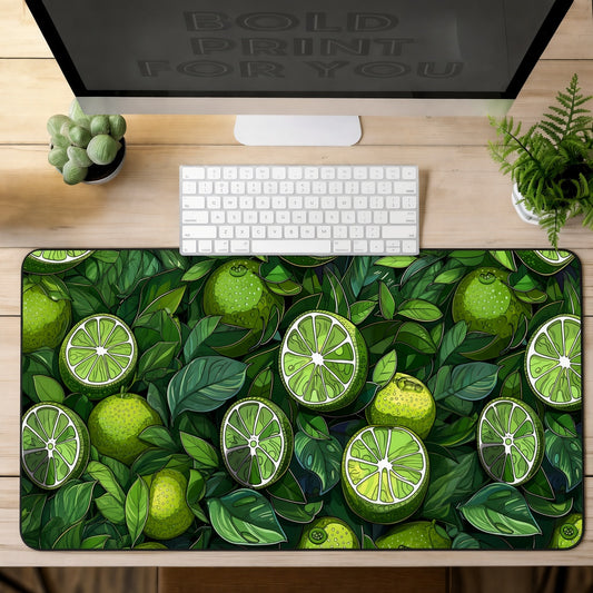 Green Lime and Tropical Leaf Illustration Desk Mat