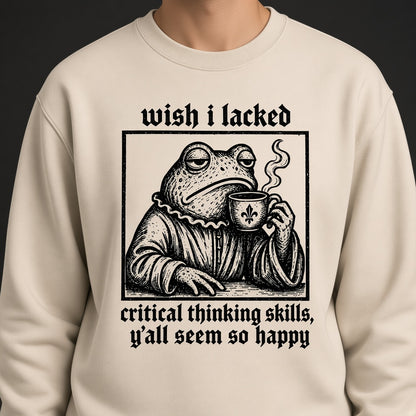Funny Frog Coffee Sweatshirt with a Critical Thinking Joke