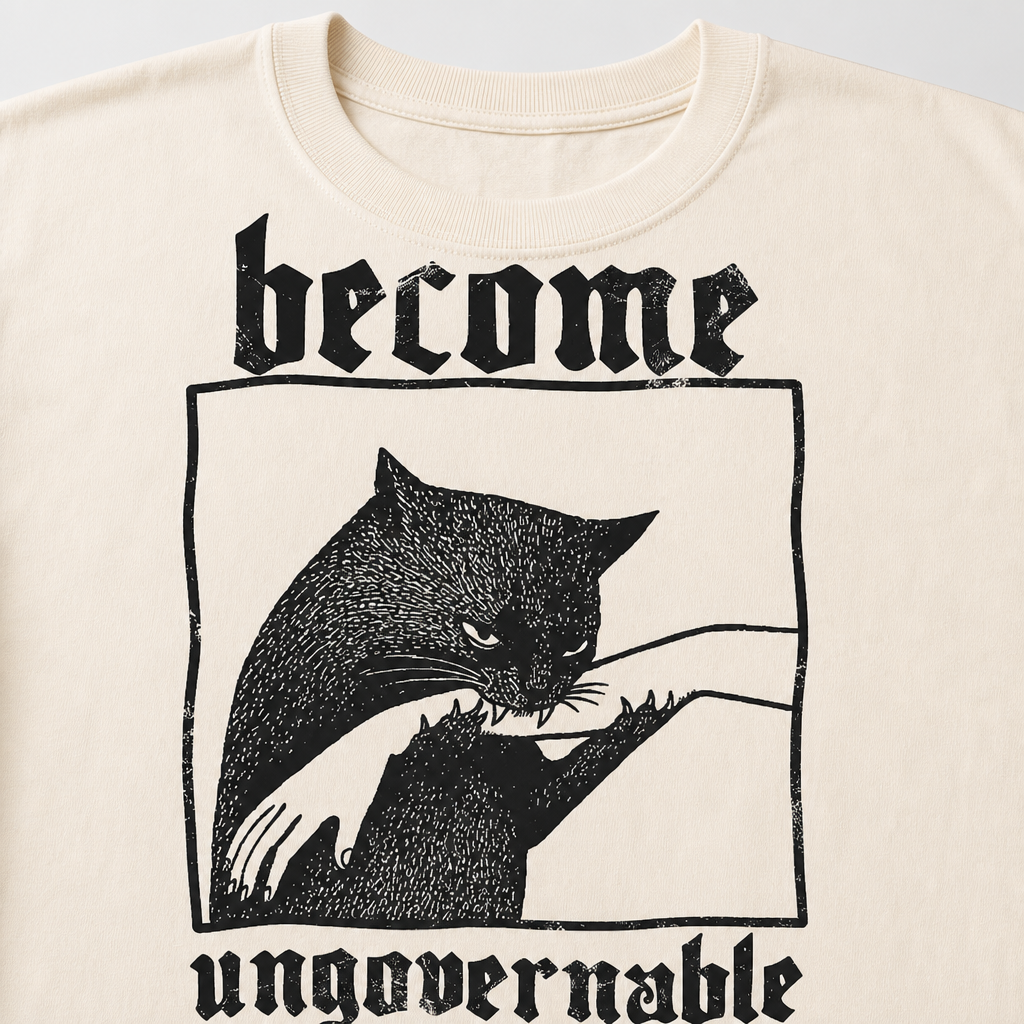 T-Shirt with a Funny Print Become Ungovernable: Cat Biting a Hand, Vintage Print
