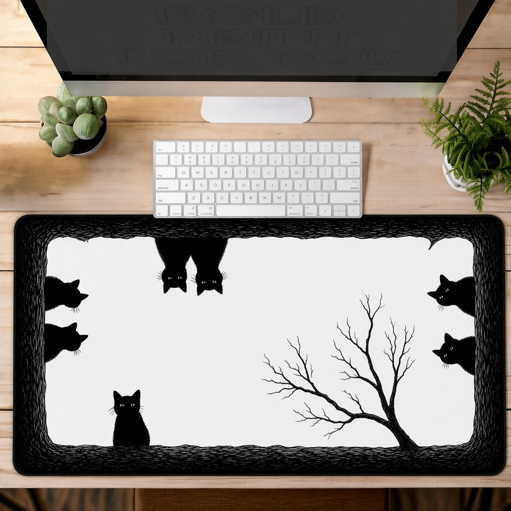 Black Cats in a Hollow Tree Desk Mat