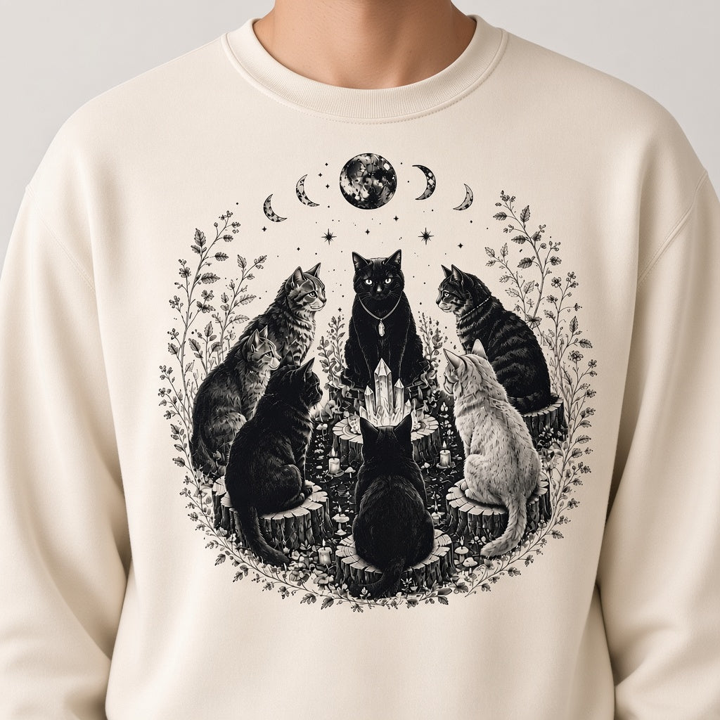 Mystical Black Cat Sabbath Sweatshirt with Moon Phases