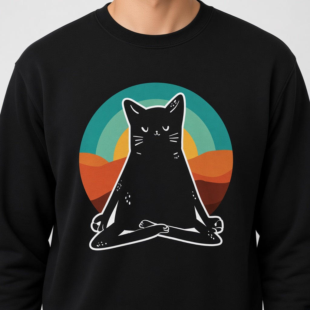 Black Cat in Yoga Position Retro Sweatshirt, Funny Unisex sweatshirt