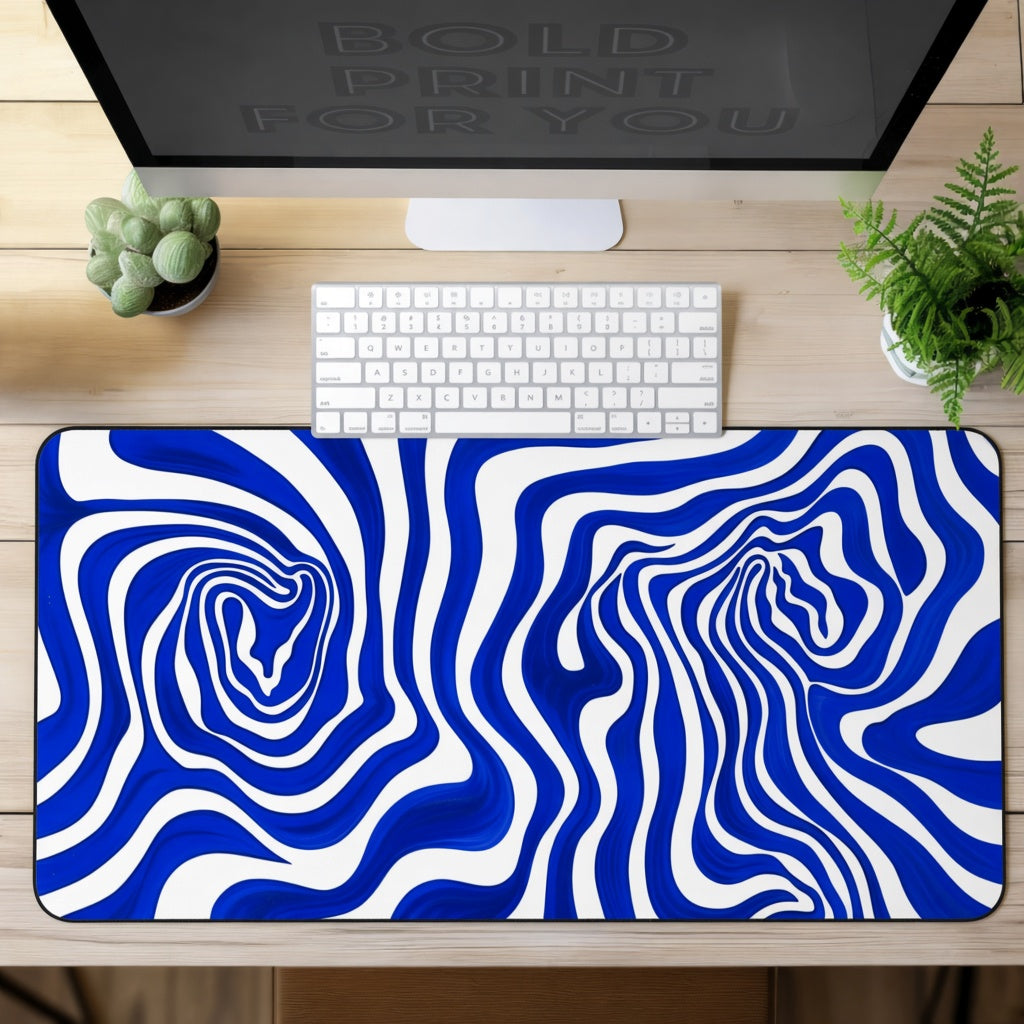 Blue and White Liquid Swirl Abstract Desk Mat