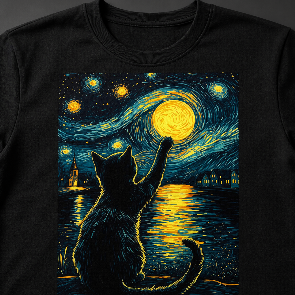 Starry Night with a Cat: Vincent van Gogh Style T-Shirt
