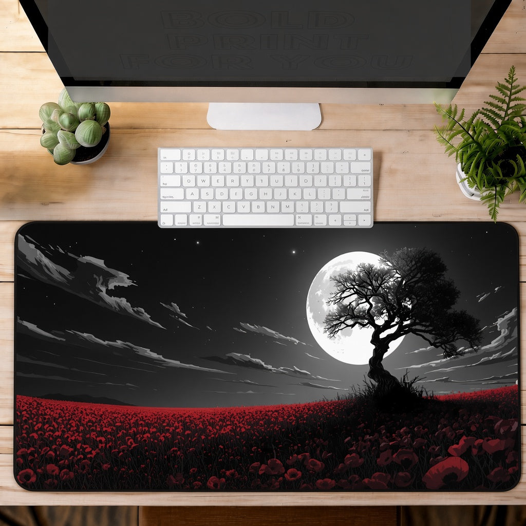 Lone Tree and Red Flowers under a Full Moon Desk Mat