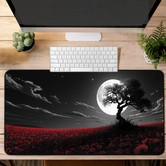 Lone Tree and Red Flowers under a Full Moon Desk Mat