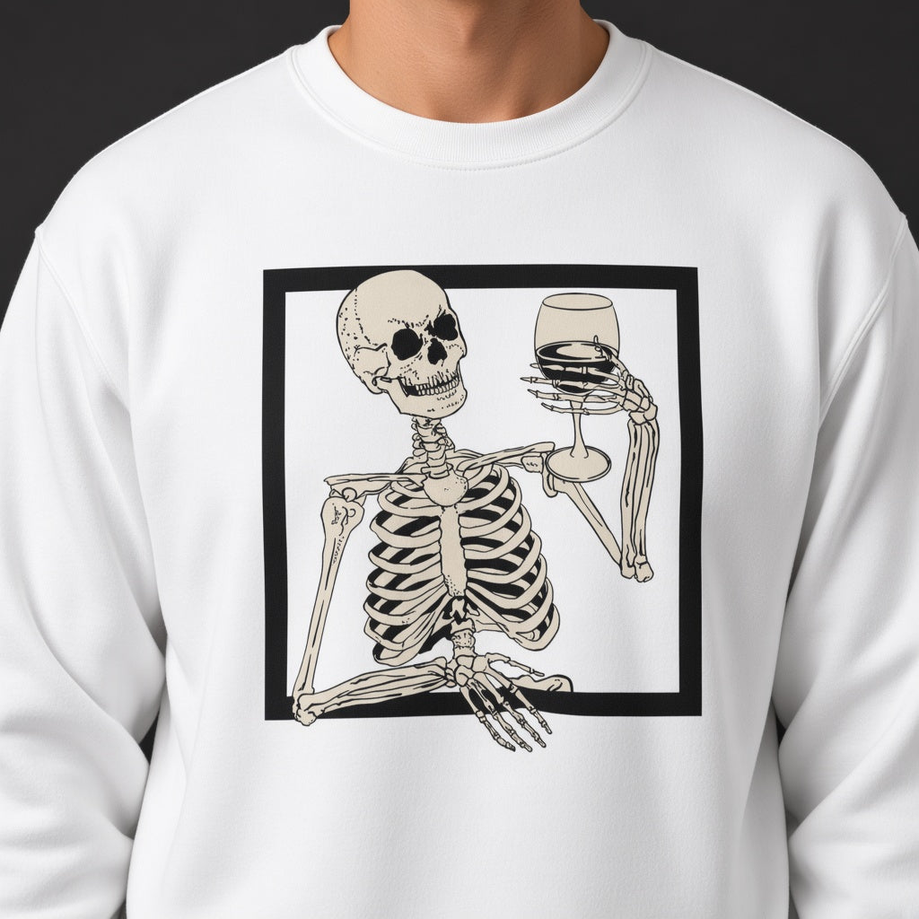 Skull with a glass in a square sweatshirt, funny sweatshirt, graphic shirts, unisex tshirt, printed sweatshirt