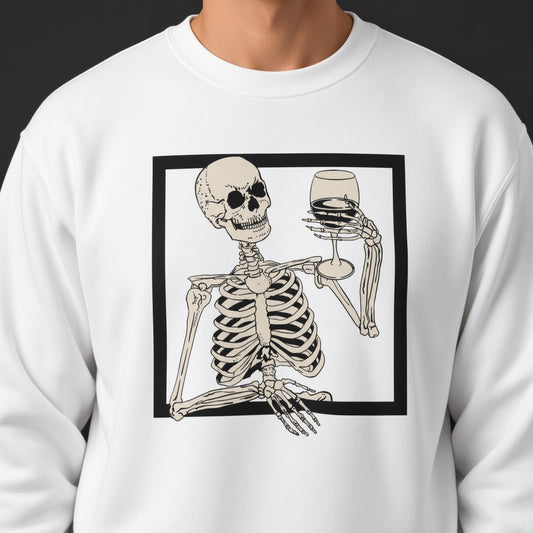 Skull with a glass in a square sweatshirt, funny sweatshirt, graphic shirts, unisex tshirt, printed sweatshirt