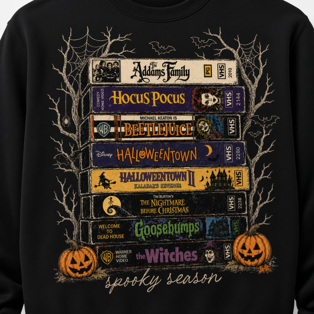 Spooky Season Halloween VHS Movie Stack Sweatshirt