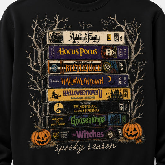 Spooky Season Halloween VHS Movie Stack Sweatshirt