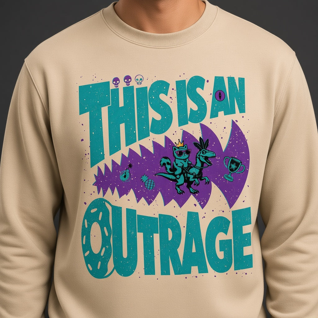 This Is an Outrage Funny Grumpy Cat Riding a T-Rex Sweatshirt