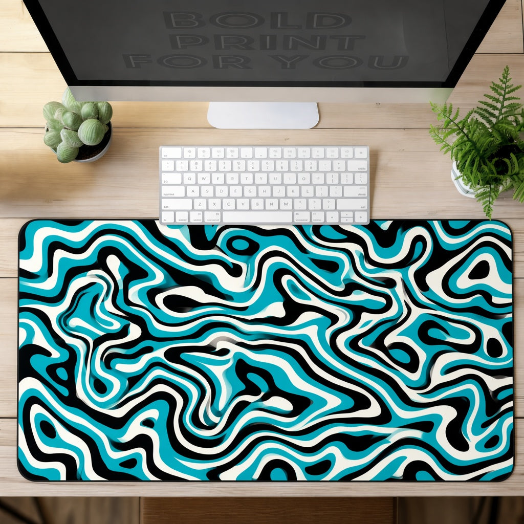 Teal Black and Cream Liquid Wave Abstract Desk Mat