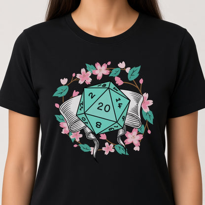 Floral D20 Dice T-Shirt with Cherry Blossoms for RPG