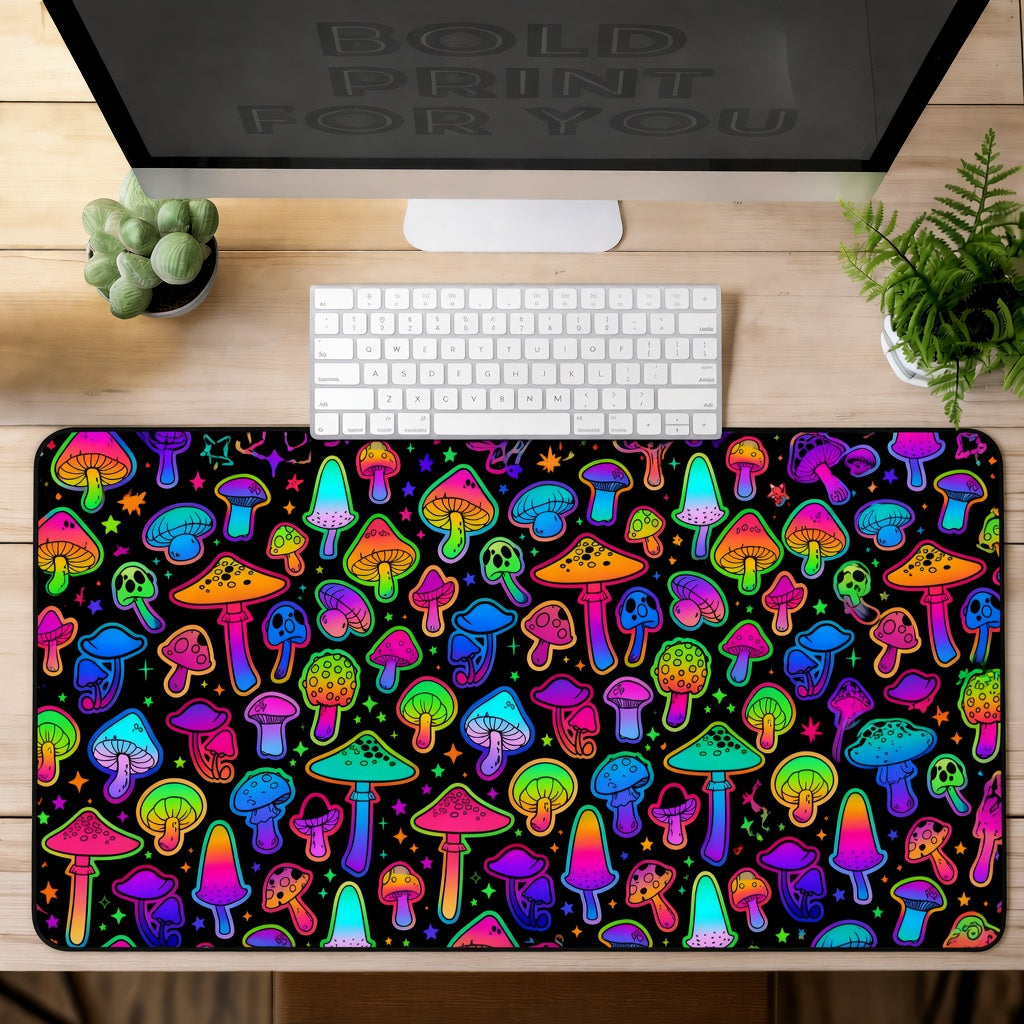 Colorful Neon Rainbow Mushroom Pattern Desk Mat