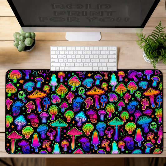 Colorful Neon Rainbow Mushroom Pattern Desk Mat