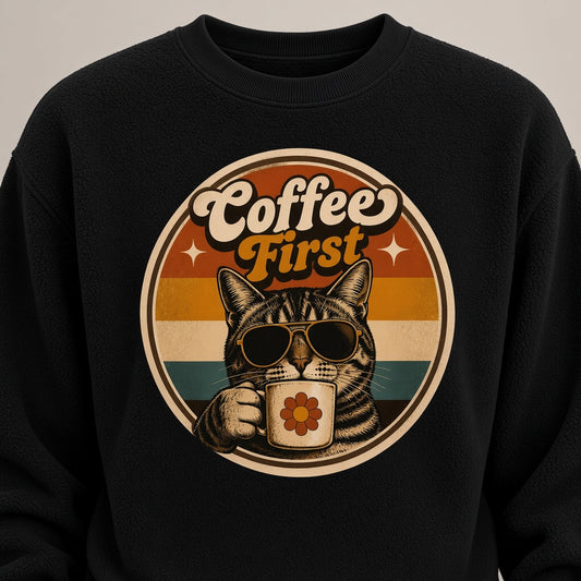 Coffee First Retro Cat Sweatshirt for Coffee Lovers