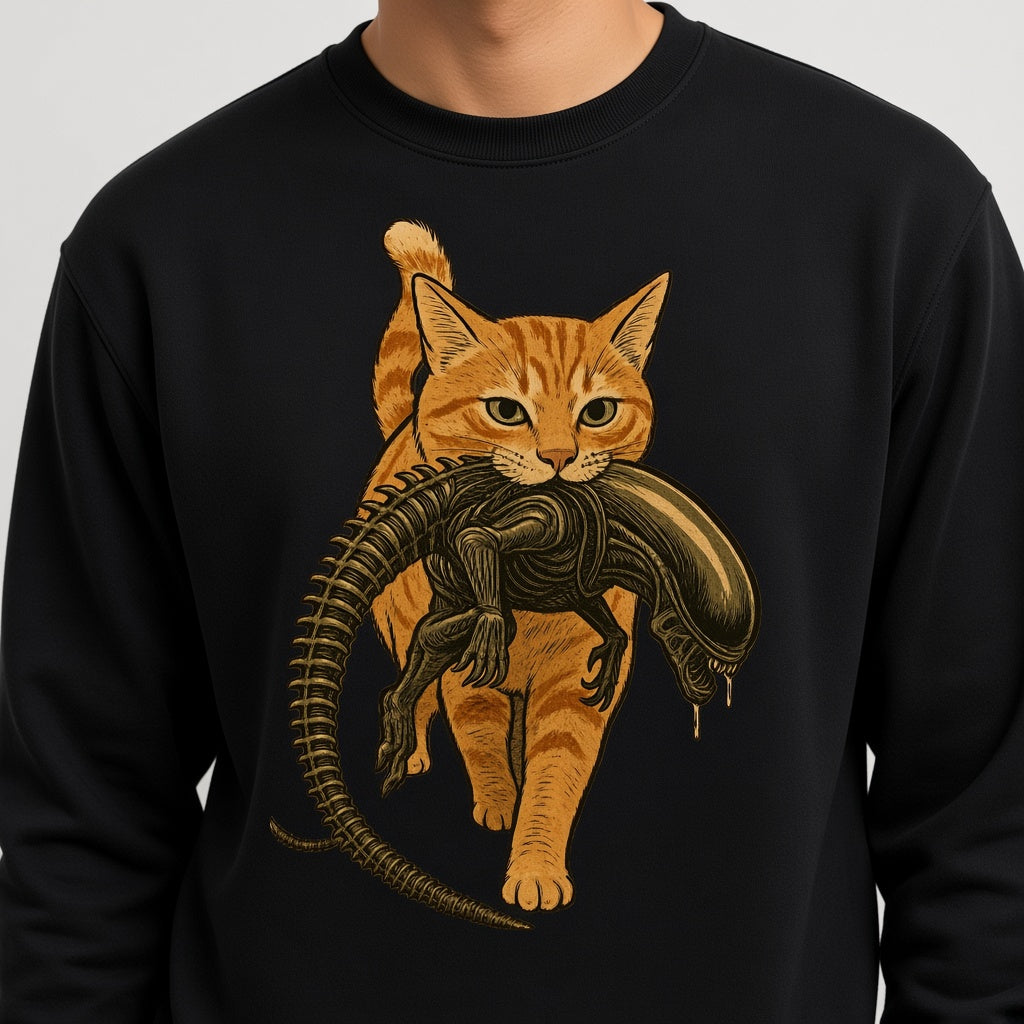 Funny Orange Cat Carrying an Alien Space Monster Sweatshirt