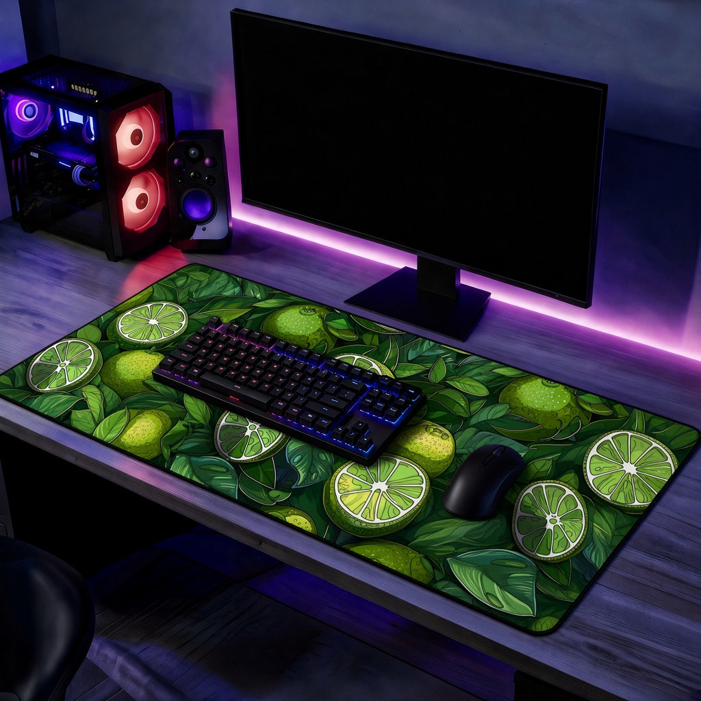 Green Lime and Tropical Leaf Illustration Desk Mat