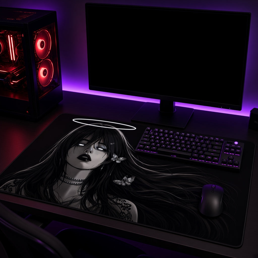 Gothic Anime Girl with a White Halo Desk Mat