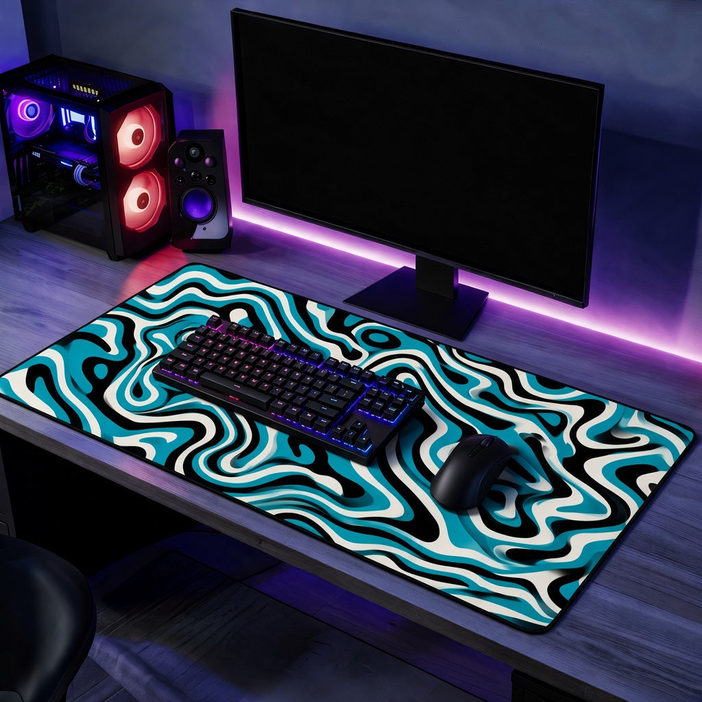 Teal Black and Cream Liquid Wave Abstract Desk Mat