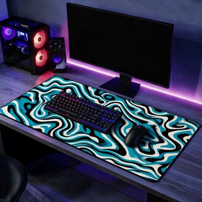 Teal Black and Cream Liquid Wave Abstract Desk Mat