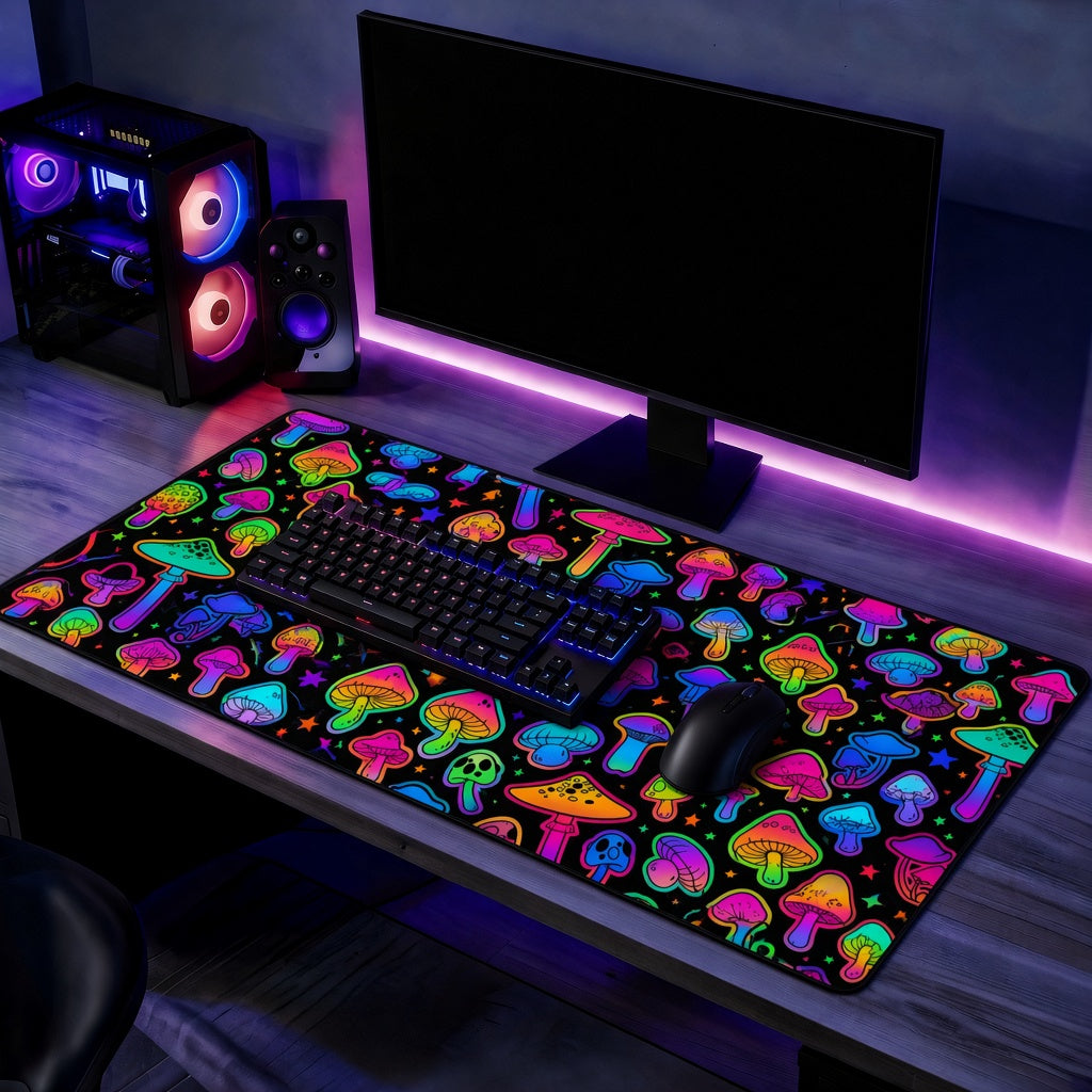 Colorful Neon Rainbow Mushroom Pattern Desk Mat