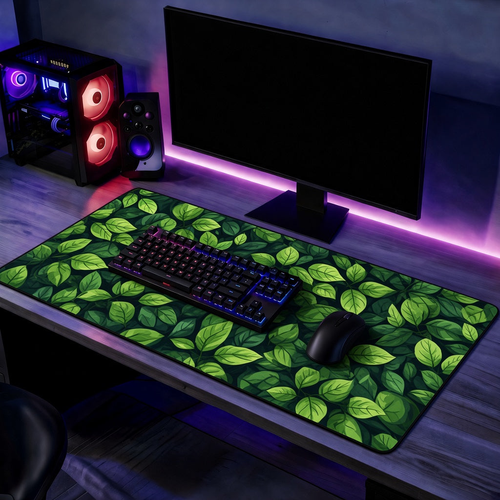 Illustrated Green Leaves on a Dark Desk Mat