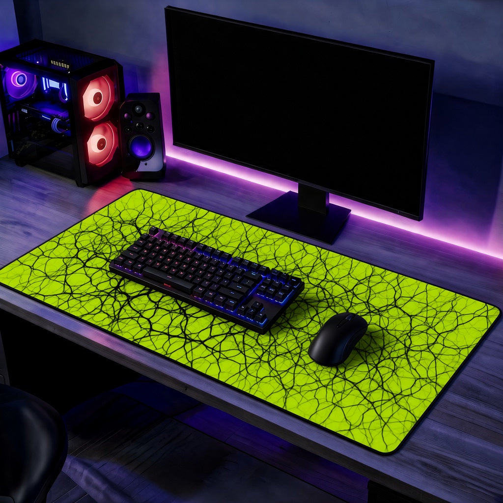 Neon Yellow and Black Neural Web Abstract Desk Mat