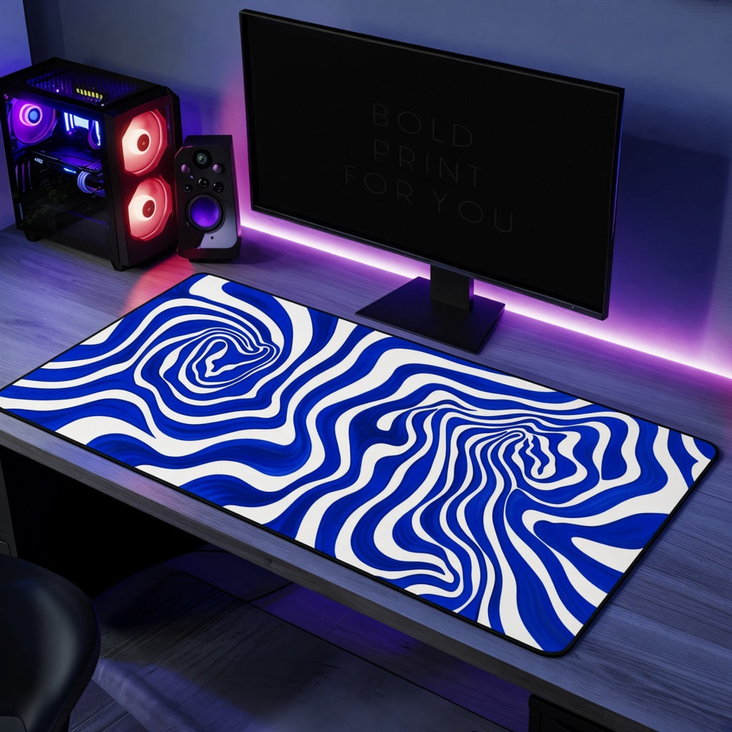 Blue and White Liquid Swirl Abstract Desk Mat