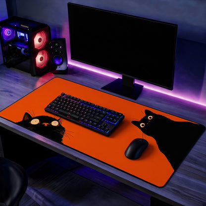 Two Black Cats on a Bright Orange Desk Mat