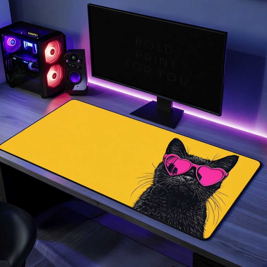Cool Black Cat in Pink Heart Sunglasses Desk Mat
