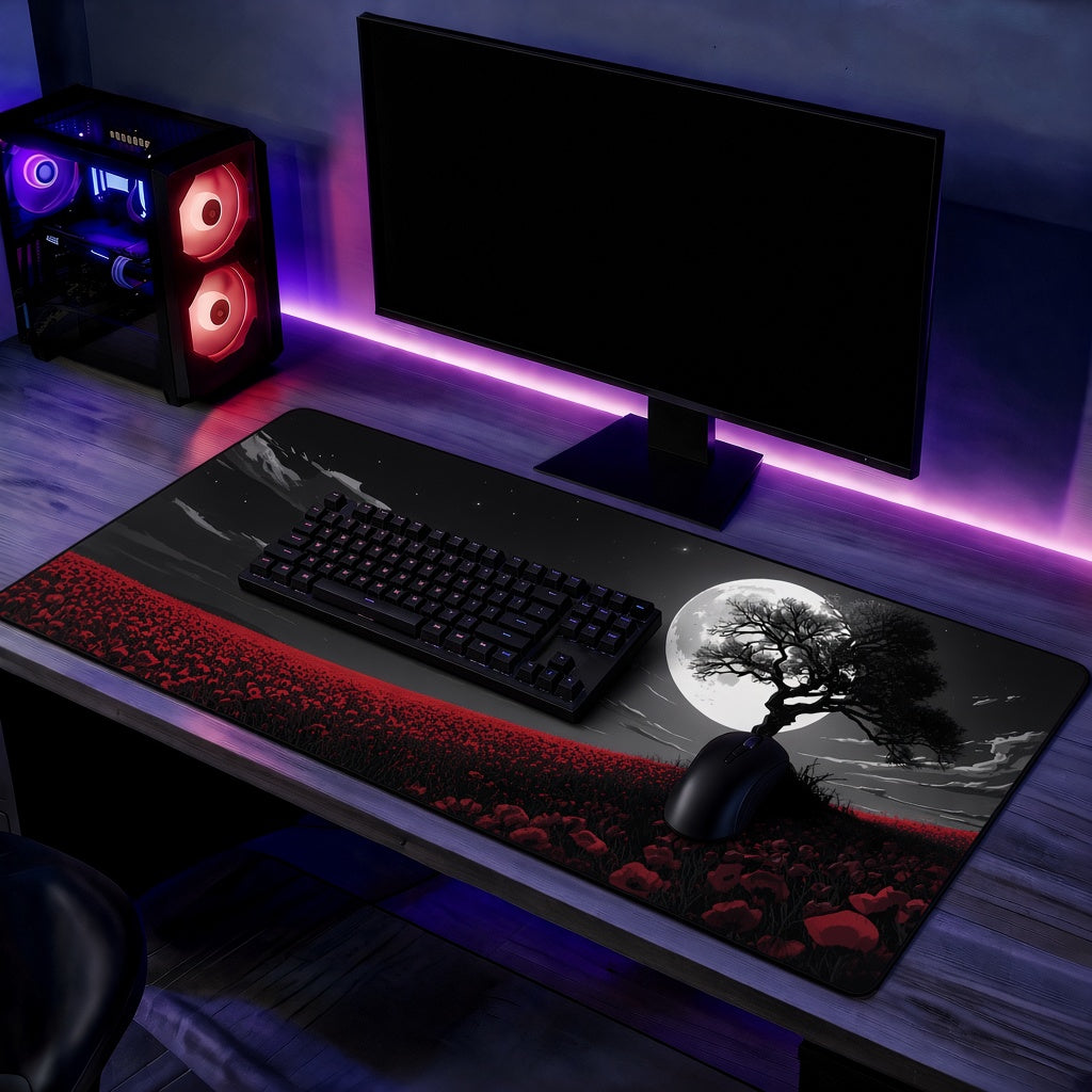 Lone Tree and Red Flowers under a Full Moon Desk Mat