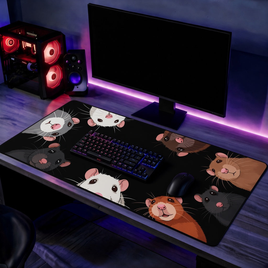 Cute Rats Peeking In on a Black Desk Mat