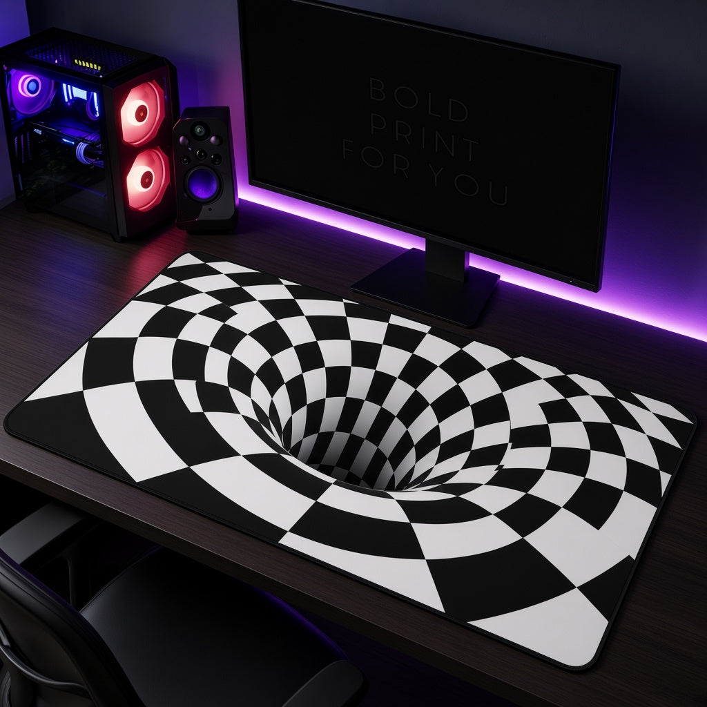 Black and White Checkerboard Tunnel Illusion Desk Mat