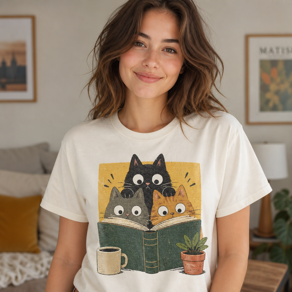 Retro Reading Cats T-Shirt