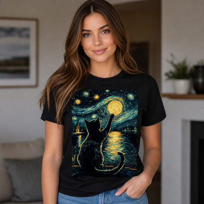 Starry Night with a Cat: Vincent van Gogh Style T-Shirt