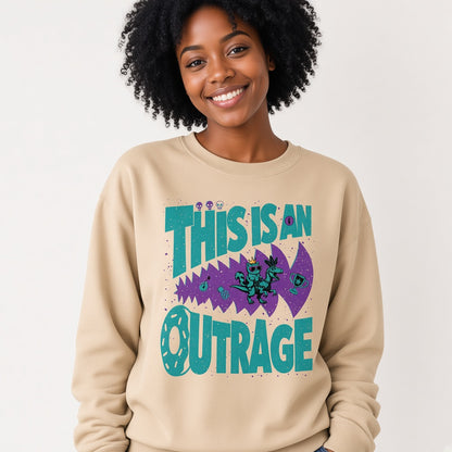 This Is an Outrage Funny Grumpy Cat Riding a T-Rex Sweatshirt