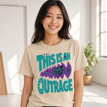 This Is an Outrage Funny Grumpy Cat Riding a T-Rex T-Shirt