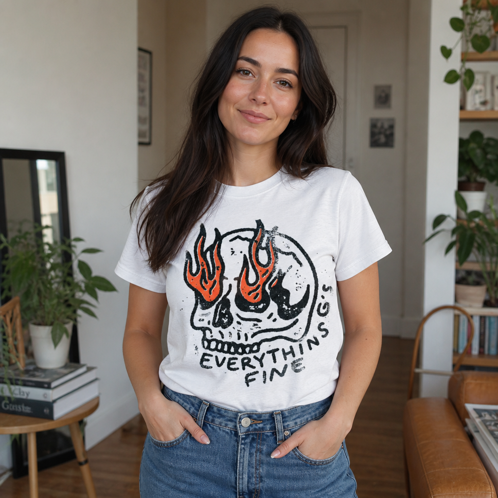 Everythin's Fine Flaming Skull Funny Graphic T-Shirt