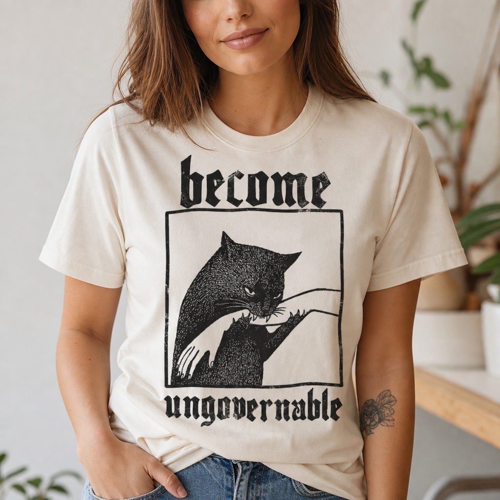T-Shirt with a Funny Print Become Ungovernable: Cat Biting a Hand, Vintage Print