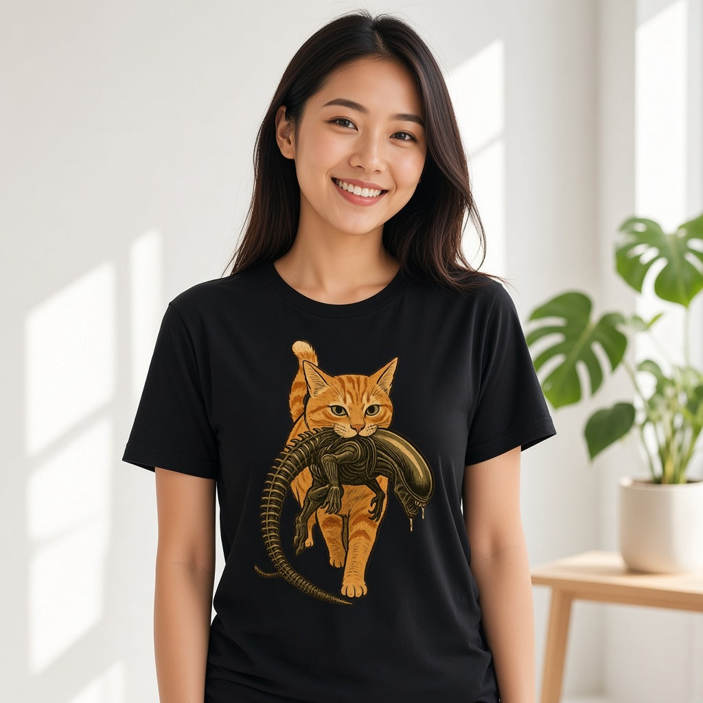 Funny Orange Cat Carrying an Alien Space Monster T-Shirt