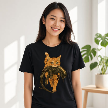 Funny Orange Cat Carrying an Alien Space Monster T-Shirt