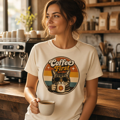 Woman wearing a Coffee First Retro Cat T-Shirt in a cafe