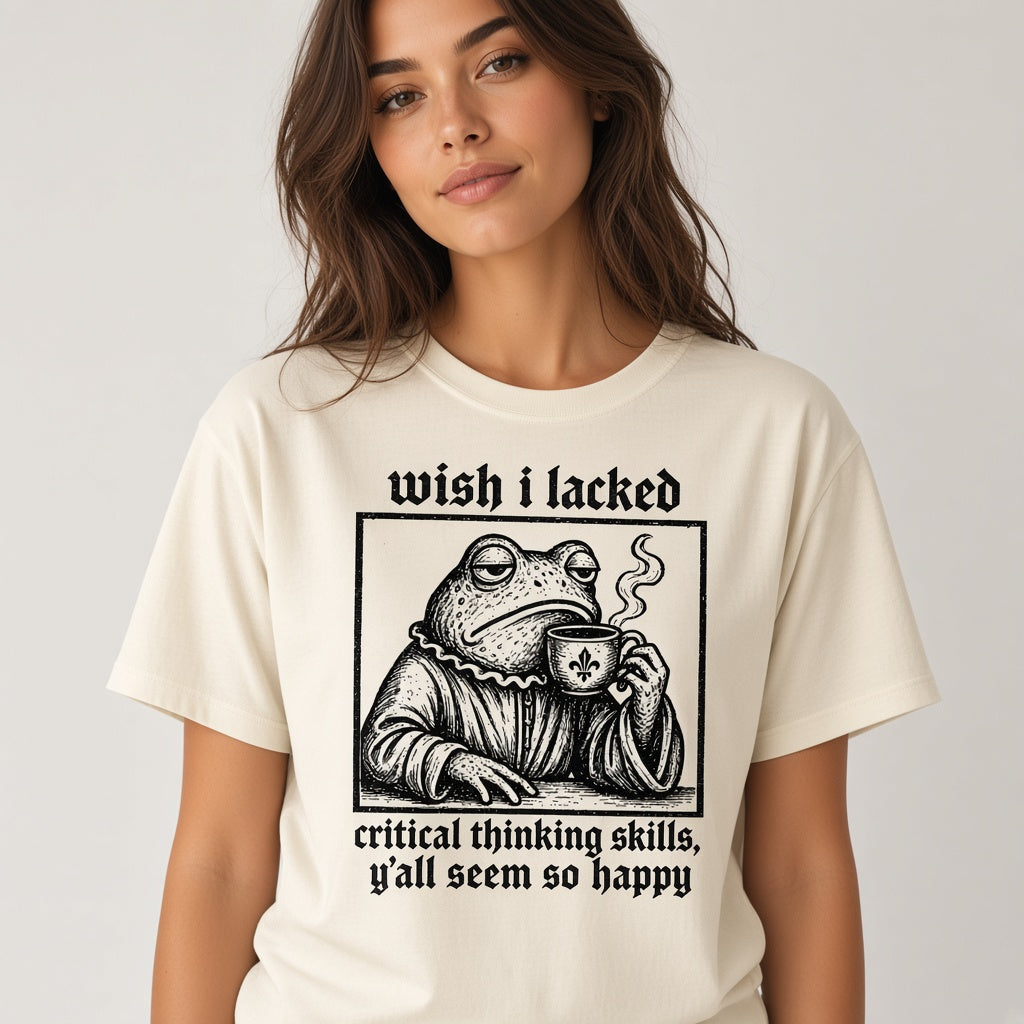 Funny Frog Coffee T-Shirt with a Critical Thinking Joke