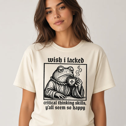 Funny Frog Coffee T-Shirt with a Critical Thinking Joke