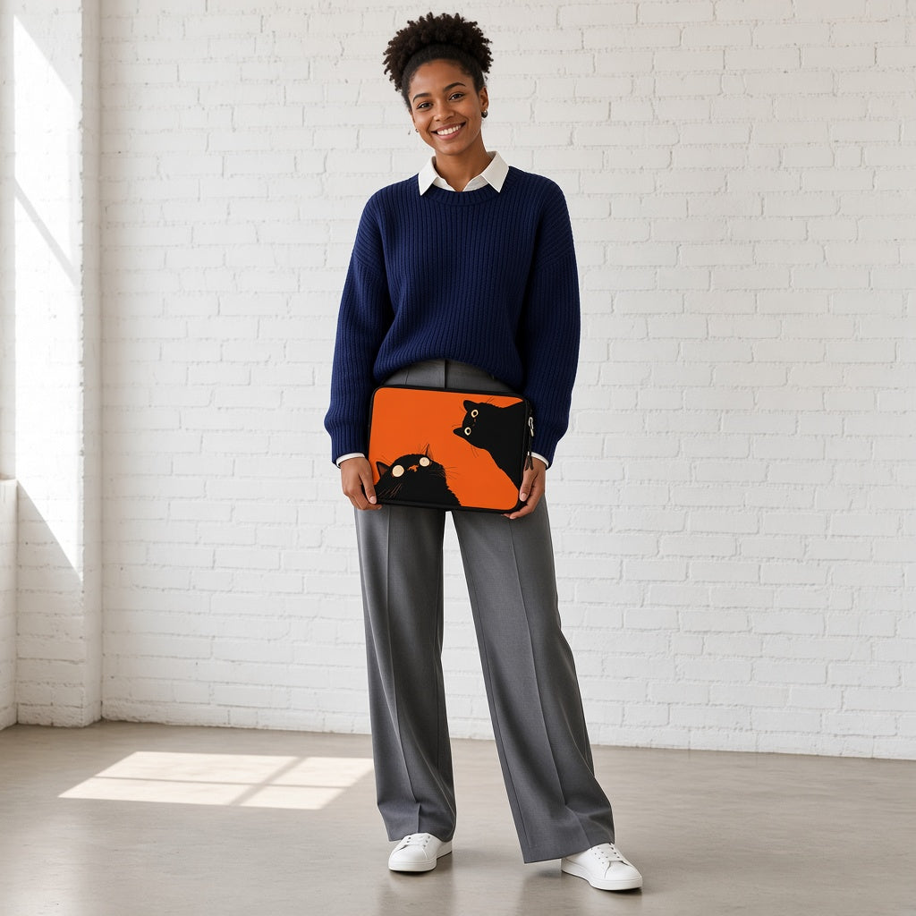 Two Black Cats on a Bright Orange Laptop Sleeve