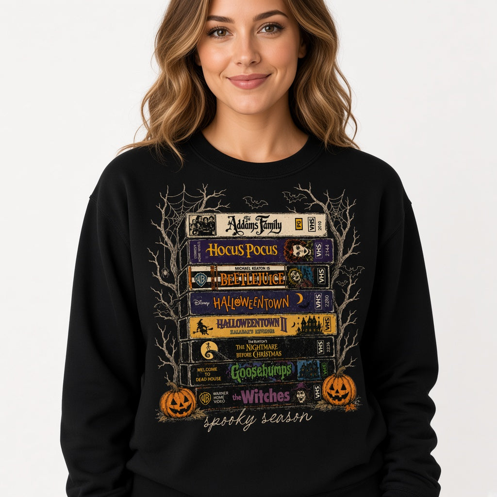 Spooky Season Halloween VHS Movie Stack Sweatshirt
