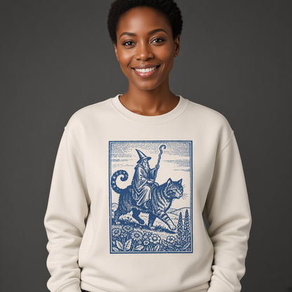 Wizard Cat Rider Retro Fantasy Graphic Print Sweatshirt