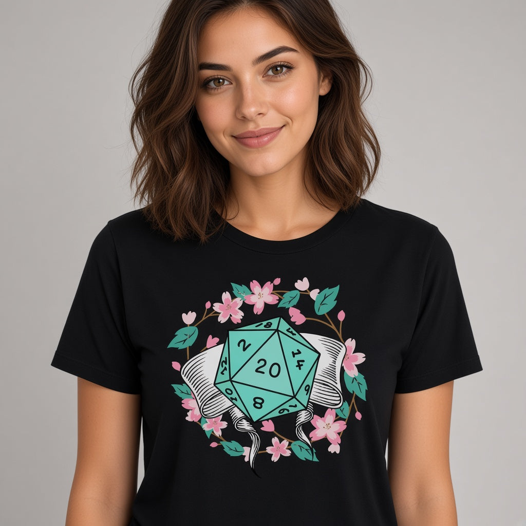 Floral D20 Dice T-Shirt with Cherry Blossoms for RPG